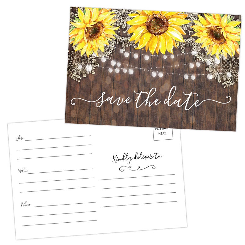 Your Main Event Prints 50 Sunflower Save The Date Cards for Wedding, Engagement, Anniversary, Baby Shower, Birthday Party - Wood Save The Dates Postcard Invitations - 4x6, No Envelopes Needed - Image 1